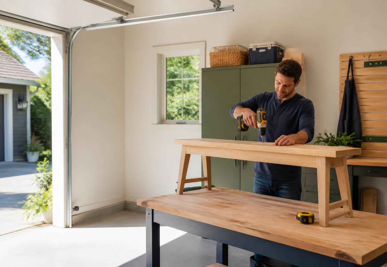 Homeowner building a wooden bench in a bright garage workshop
